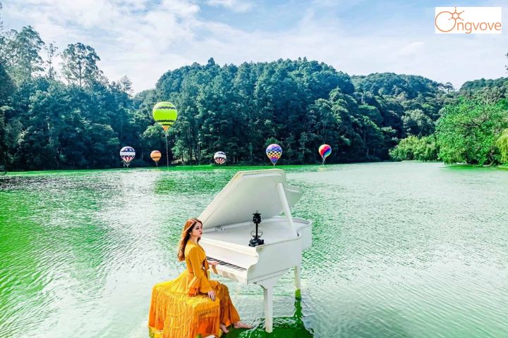 Chiếc đàn piano trắng giữa mặt hồ xanh ngắt